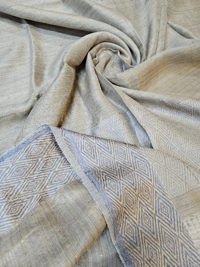 Light Grey Handloom Matka Silk Saree with Grey Woven Border & Sequins Woven Body Balaram Saha