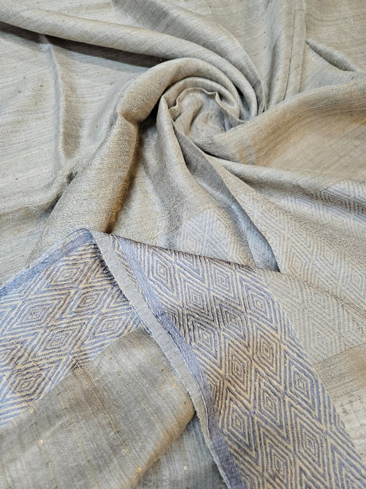 Light Grey Handloom Matka Silk Saree with Grey Woven Border & Sequins Woven Body Balaram Saha
