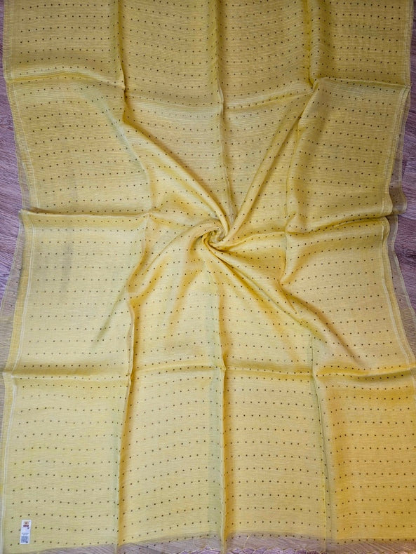 Light Yellow Muslin Silk Saree with Self Stripes & Sequins Woven Design Balaram Saha