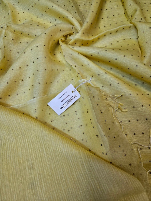 Light Yellow Muslin Silk Saree with Self Stripes & Sequins Woven Design Balaram Saha