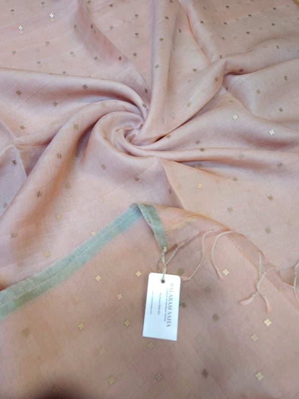 Peach Handloom Muslin Silk Saree with Silver &amp; Golden Zari Ganga Jamuna Border Balaram Saha