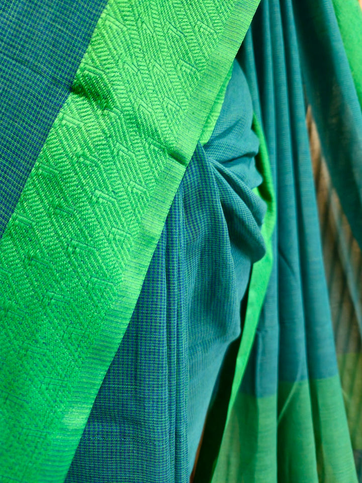 Beauty: Blue & Green Checks Cotton Saree by Balaram Saha Balaram Saha