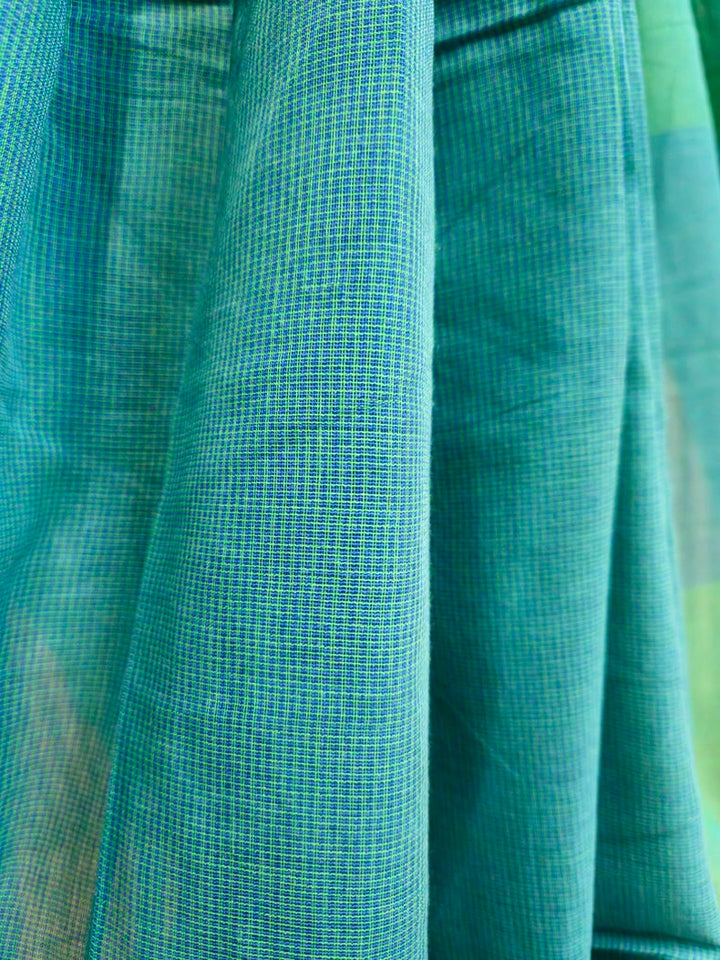 Beauty: Blue & Green Checks Cotton Saree by Balaram Saha Balaram Saha