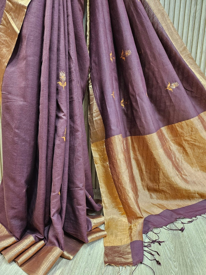 Plum & Golden Zari Handloom Soft Khadi Tussar Silk Saree Balaram Saha