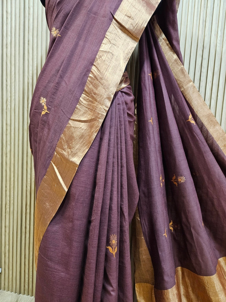 Plum & Golden Zari Handloom Soft Khadi Tussar Silk Saree Balaram Saha