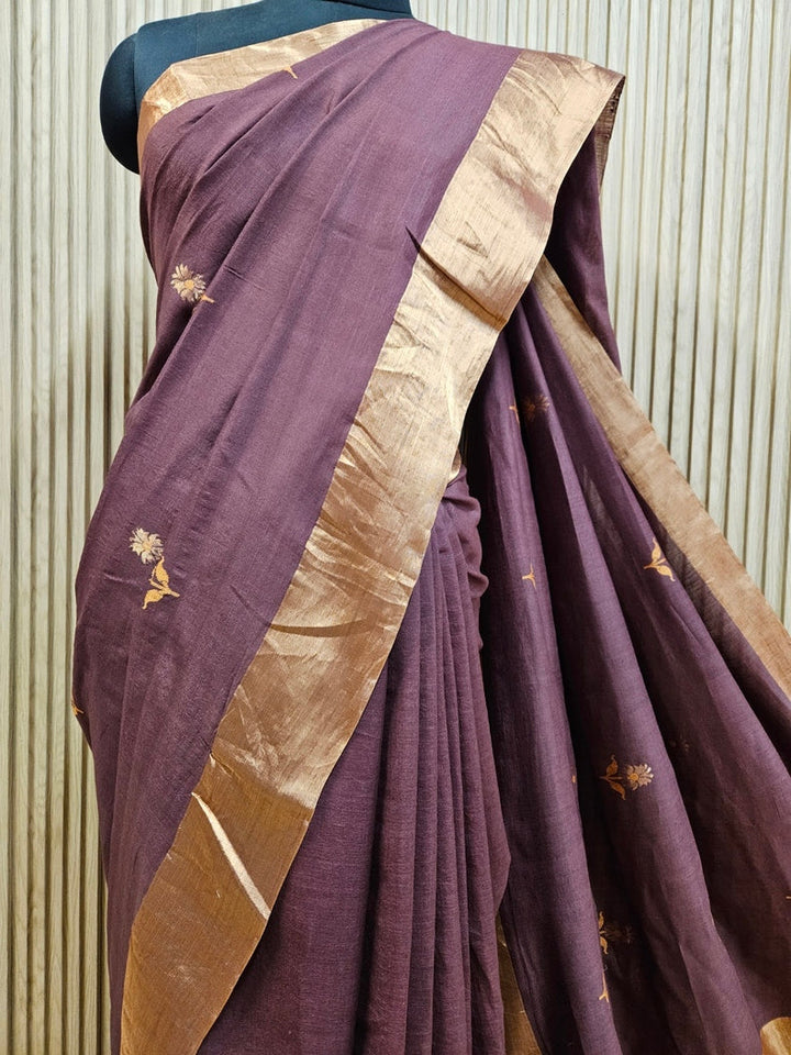 Plum & Golden Zari Handloom Soft Khadi Tussar Silk Saree Balaram Saha