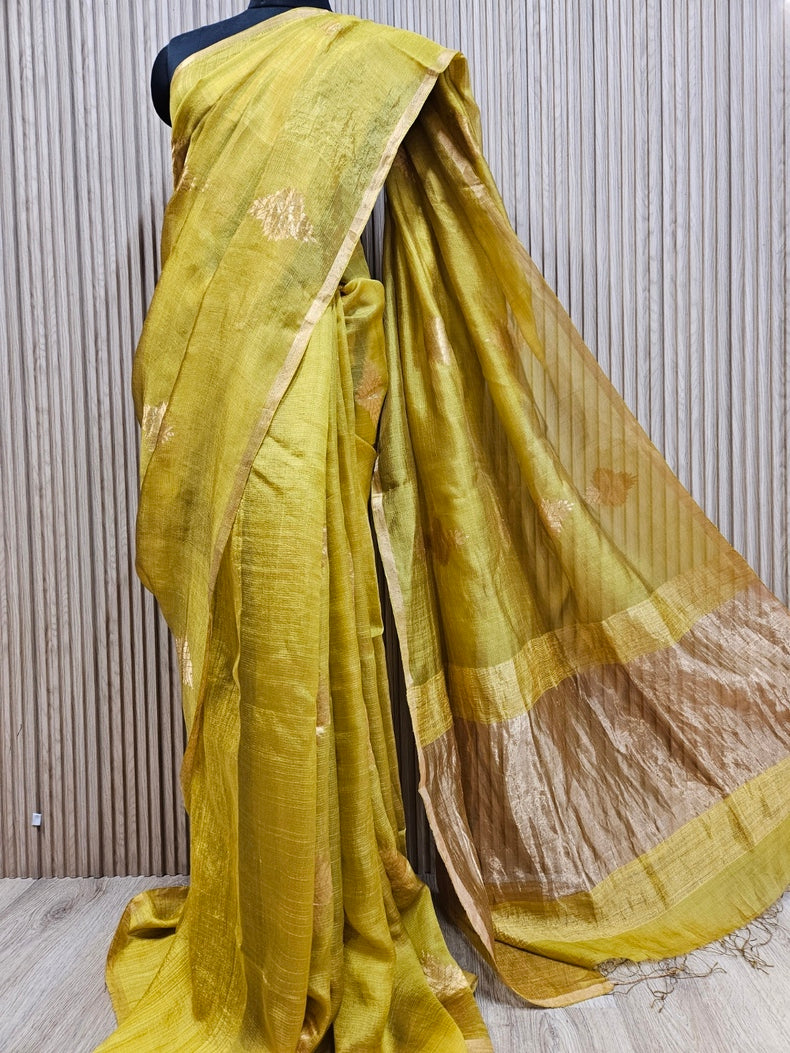 Mustard Green and Golden Zari Soft Handwoven Muslin Silk saree Balaram Saha