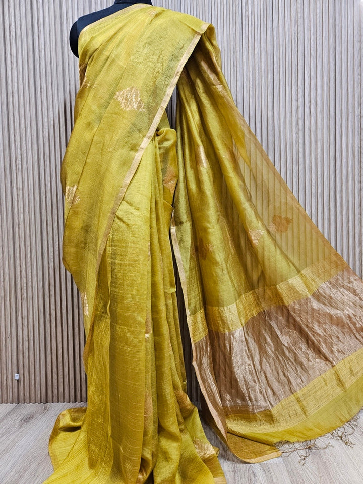 Mustard Green and Golden Zari Soft Handwoven Muslin Silk saree Balaram Saha