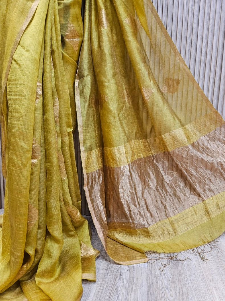 Mustard Green and Golden Zari Soft Handwoven Muslin Silk saree Balaram Saha