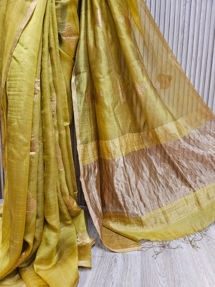 Mustard Green and Golden Zari Soft Handwoven Muslin Silk saree Balaram Saha