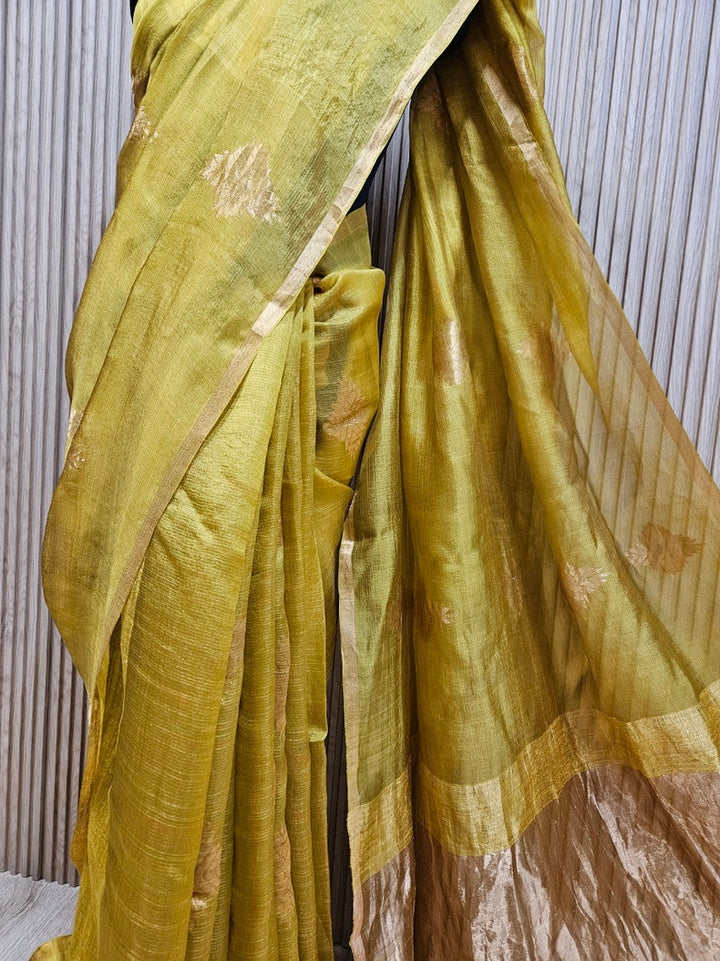 Mustard Green and Golden Zari Soft Handwoven Muslin Silk saree Balaram Saha