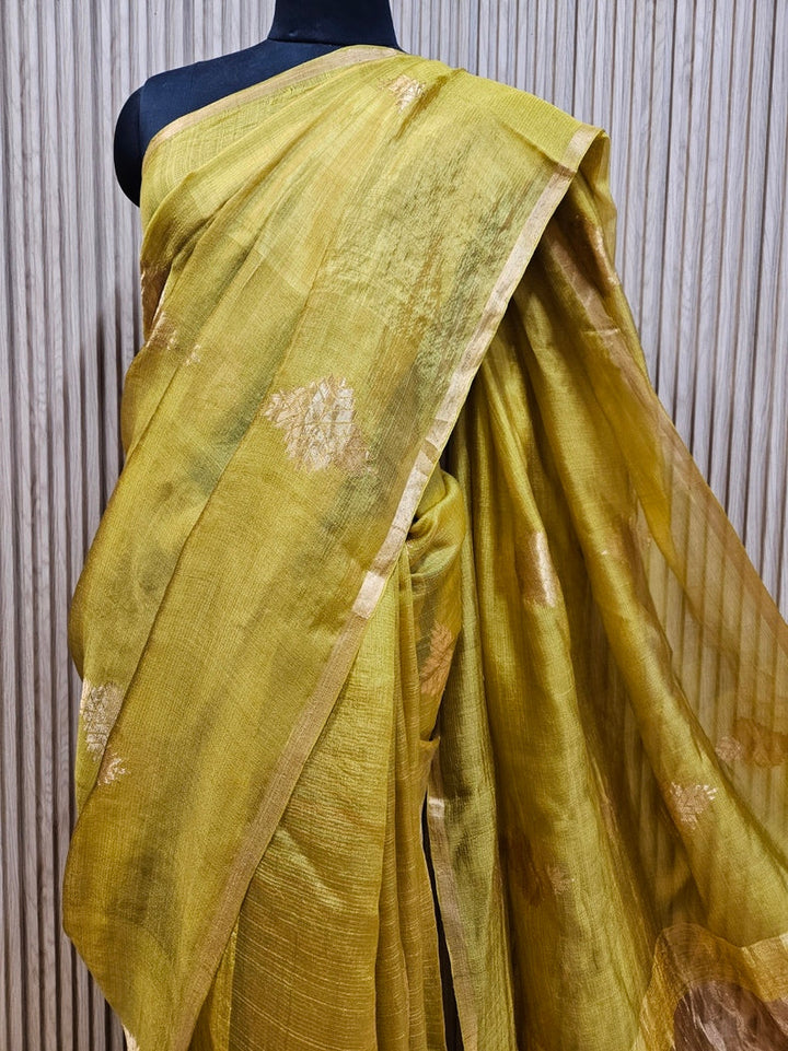 Mustard Green and Golden Zari Soft Handwoven Muslin Silk saree Balaram Saha