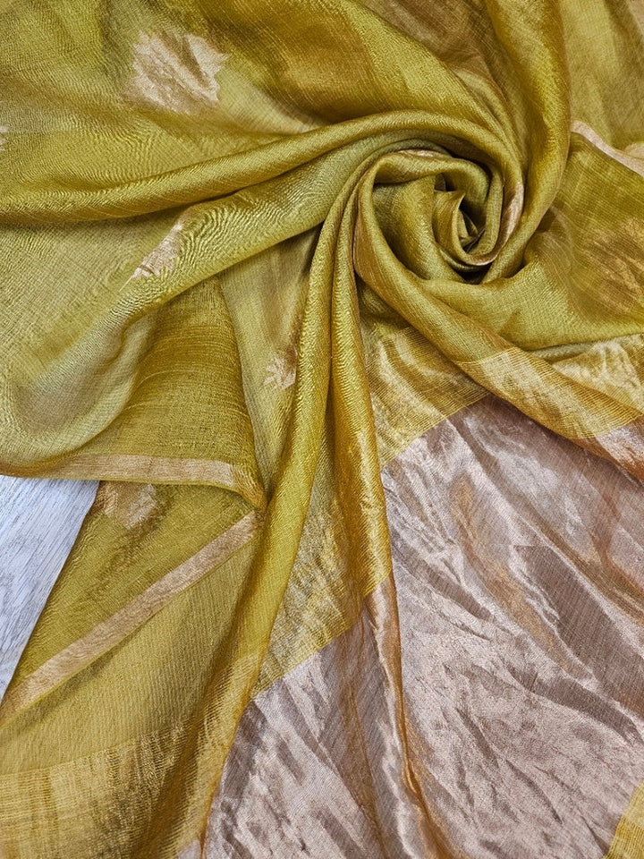 Mustard Green and Golden Zari Soft Handwoven Muslin Silk saree Balaram Saha