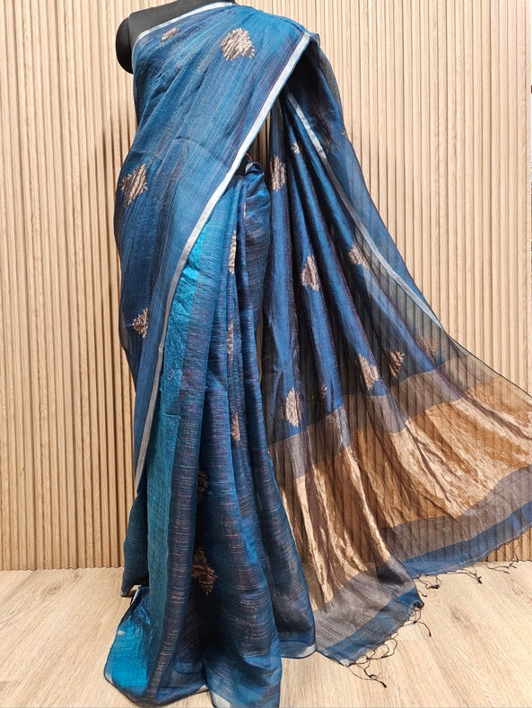 Peacock Blue and Golden Zari Soft Handwoven Muslin Silk Saree Balaram Saha