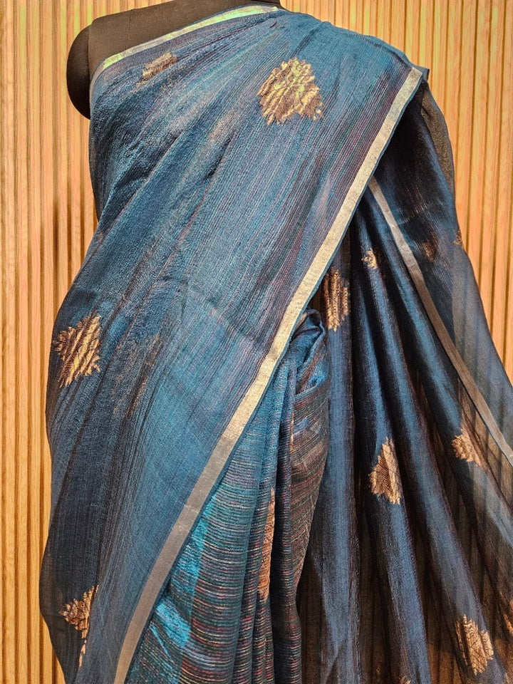Peacock Blue and Golden Zari Soft Handwoven Muslin Silk Saree Balaram Saha