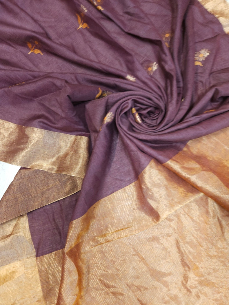 Plum & Golden Zari Handloom Soft Khadi Tussar Silk Saree Balaram Saha