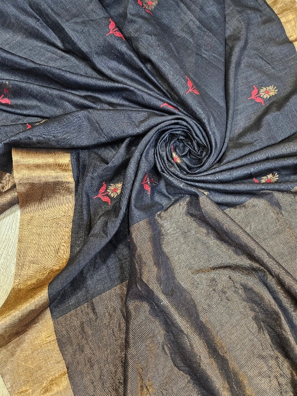 Black & Golden Zari Handloom Soft Khadi Tussar Silk Saree Balaram Saha