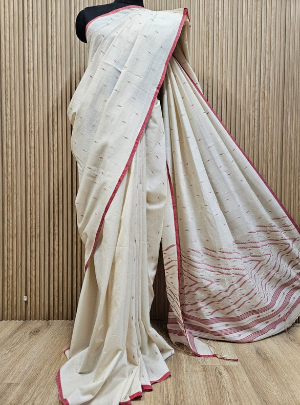 Off White Soft Handloom Handwoven Tussar Silk Jamdani Saree Balaram Saha