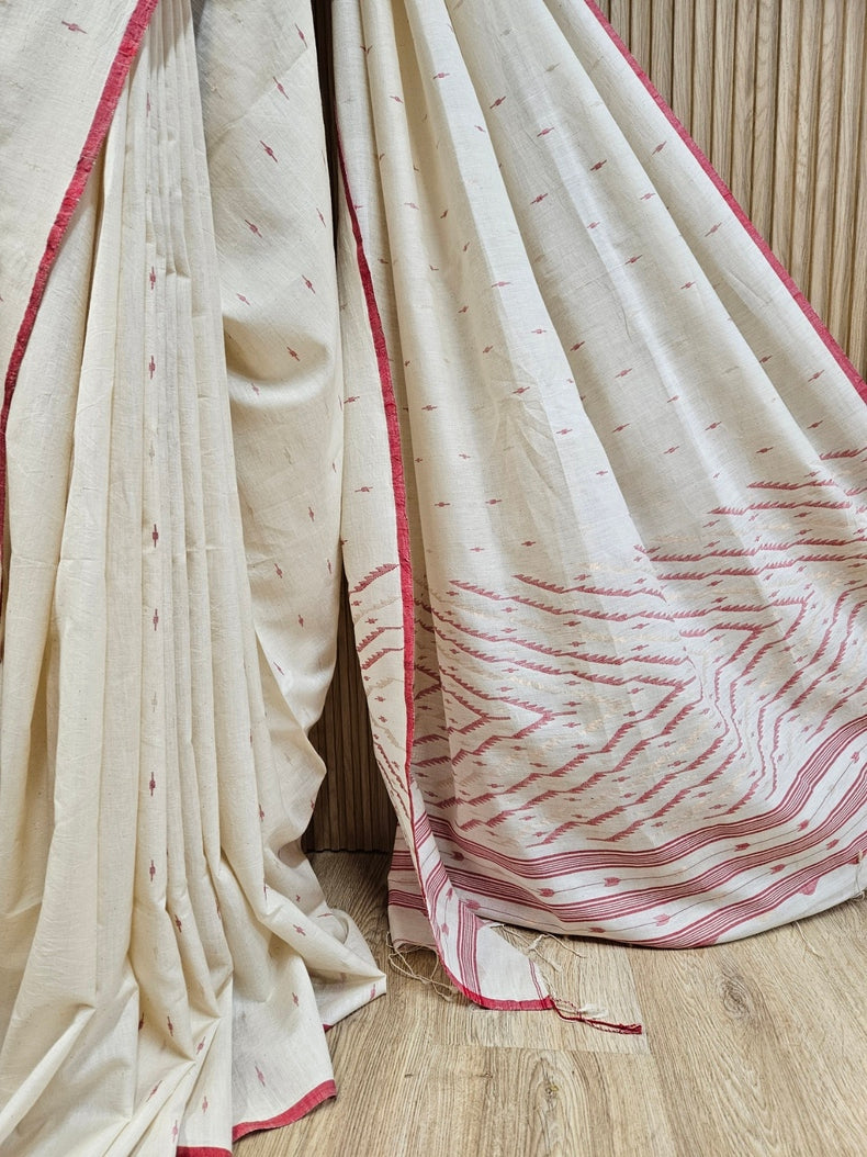 Off White Soft Handloom Handwoven Tussar Silk Jamdani Saree Balaram Saha