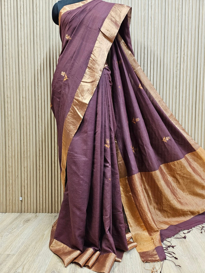 Plum & Golden Zari Handloom Soft Khadi Tussar Silk Saree Balaram Saha