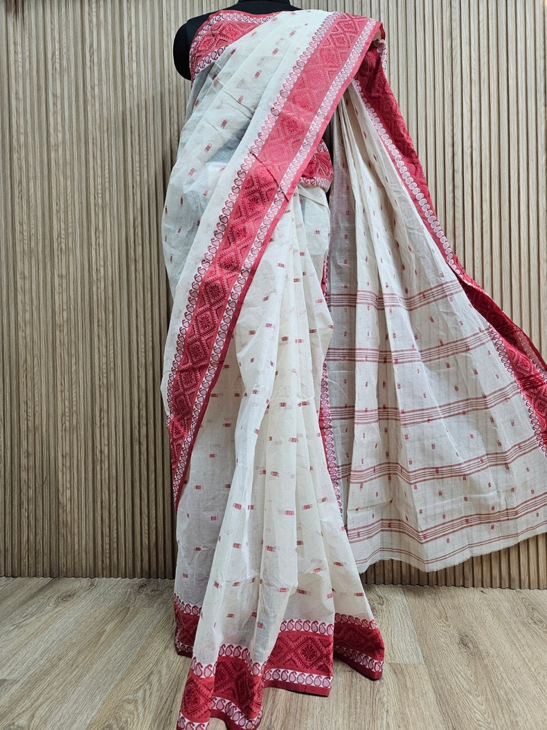 Off-White & Red Handloom Traditional Tangail Cotton Saree Balaram Saha