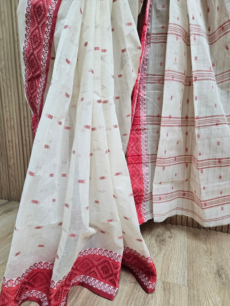 Off-White & Red Handloom Traditional Tangail Cotton Saree Balaram Saha