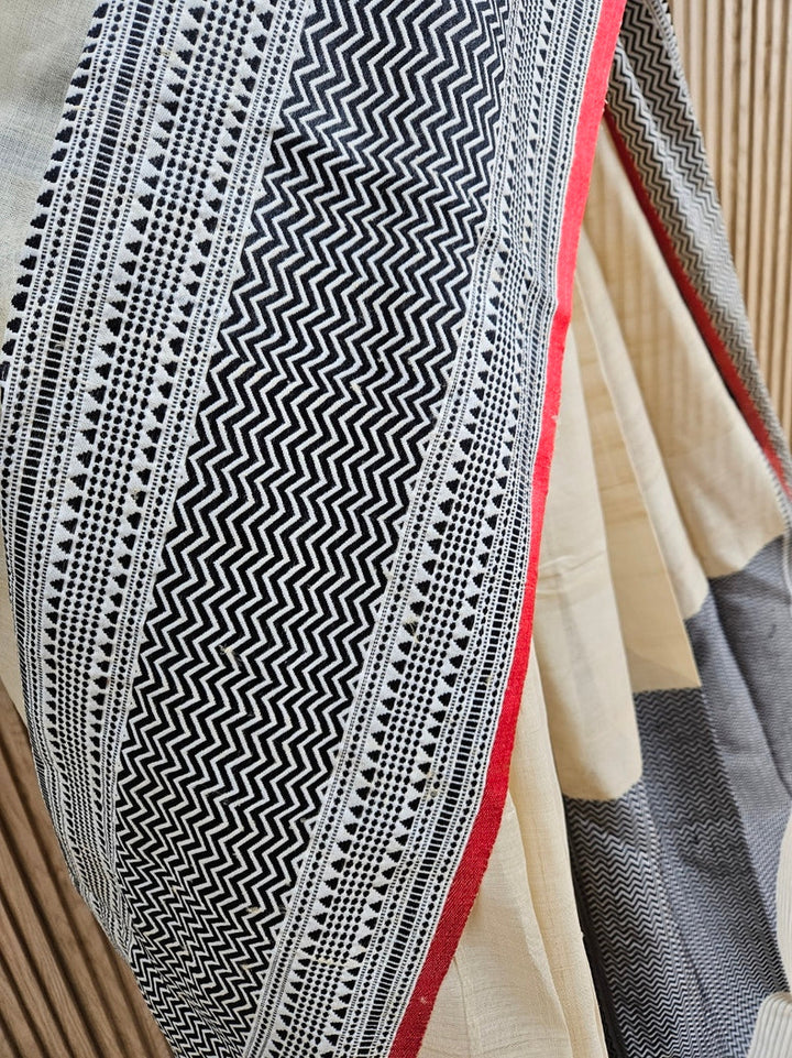 Beige and Black Handloom Tussar Silk Saree with Woven Border Balaram Saha