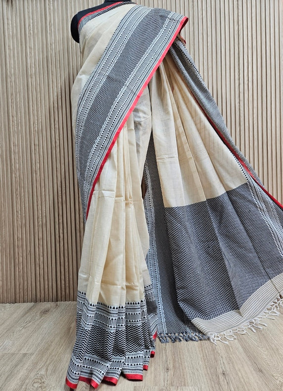 Beige and Black Handloom Tussar Silk Saree with Woven Border Balaram Saha