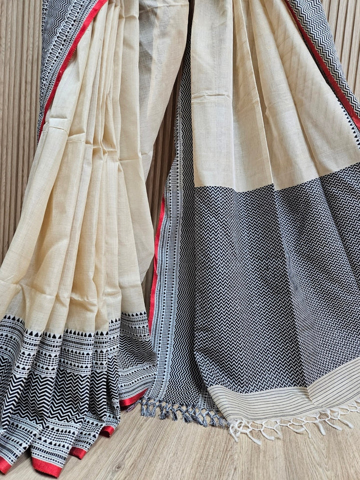Beige and Black Handloom Tussar Silk Saree with Woven Border Balaram Saha
