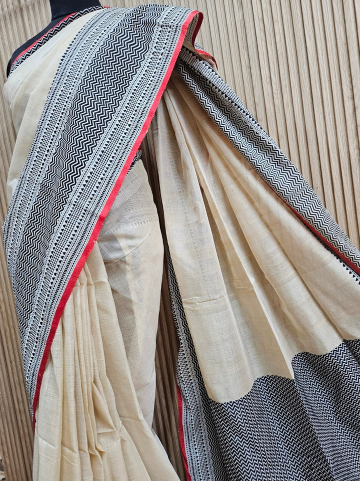 Beige and Black Handloom Tussar Silk Saree with Woven Border Balaram Saha