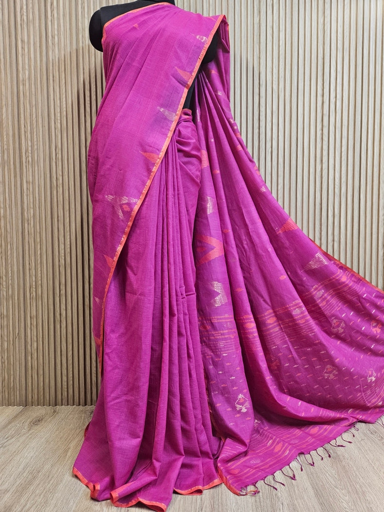Magenta & Orange Handwoven Tussar Silk Jamdani Saree – Balaram Saha