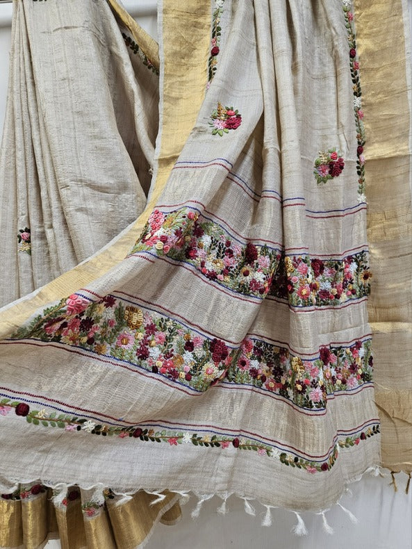 Handloom Tussar Silk Saree with Exquisite French Knot Embroidery by Balaram Saha - (handloom saree, silk saree, handloom silk saree, balaram saha online, silk sarees, silk handloom saree, bengal handloom sarees, pure silk, silk saree online, tussar silk saree, tussar silk)    https://www.opera.com/