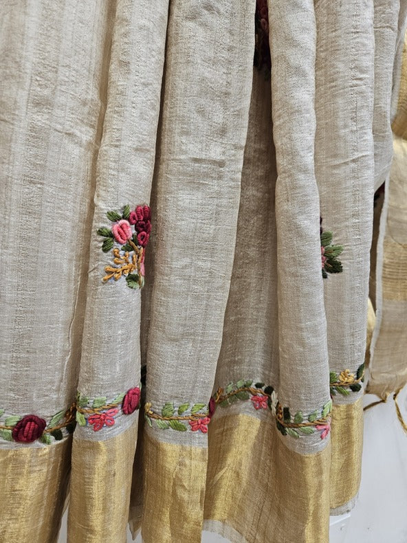 Handloom Tussar Silk Saree with Exquisite French Knot Embroidery by Balaram Saha - (handloom saree, silk saree, handloom silk saree, balaram saha online, silk sarees, silk handloom saree, bengal handloom sarees, pure silk, silk saree online, tussar silk saree, tussar silk)    https://www.imdb.com/