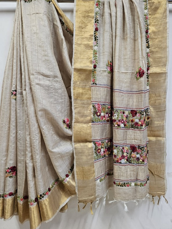 Handloom Tussar Silk Saree with Exquisite French Knot Embroidery by Balaram Saha - (handloom saree, silk saree, handloom silk saree, balaram saha online, silk sarees, silk handloom saree, bengal handloom sarees, pure silk, silk saree online, tussar silk saree, tussar silk)  https://www.blogger.com/about/?bpli=1