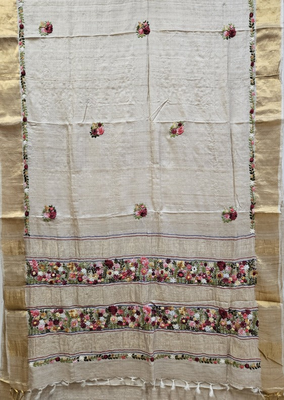 Handloom Tussar Silk Saree with Exquisite French Knot Embroidery by Balaram Saha - (handloom saree, silk saree, handloom silk saree, balaram saha online, silk sarees, silk handloom saree, bengal handloom sarees, pure silk, silk saree online, tussar silk saree, tussar silk)   https://myspace.com/