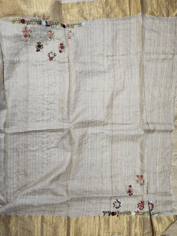 Handloom Tussar Silk Saree with Exquisite French Knot Embroidery by Balaram Saha - (handloom saree, silk saree, handloom silk saree, balaram saha online, silk sarees, silk handloom saree, bengal handloom sarees, pure silk, silk saree online, tussar silk saree, tussar silk)