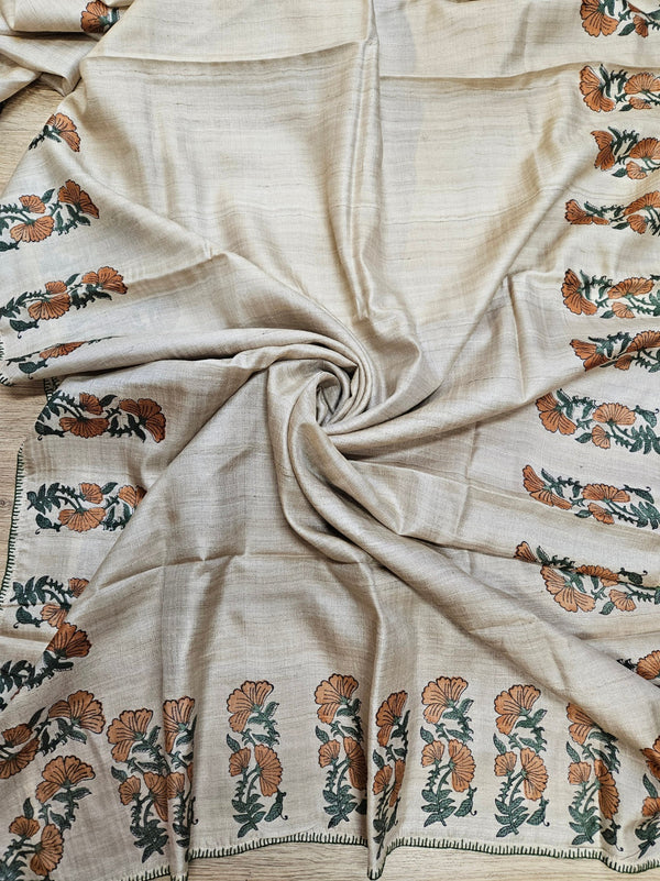 Beige Handloom Vidarbha Tussar Silk Saree With Printed Border Balaram Saha