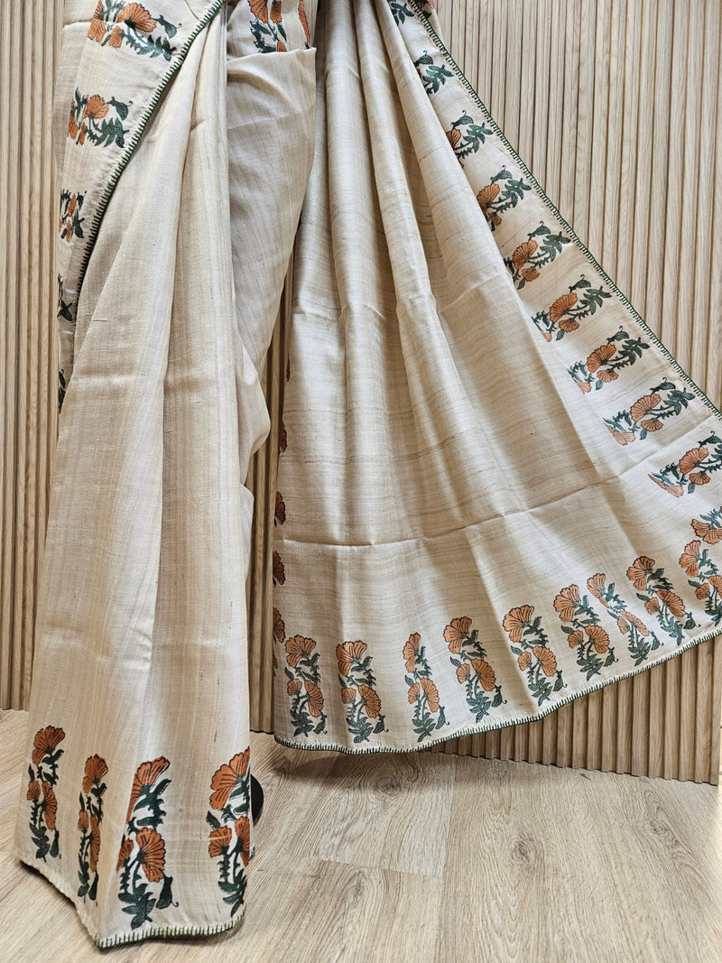 Beige Handloom Vidarbha Tussar Silk Saree With Printed Border Balaram Saha