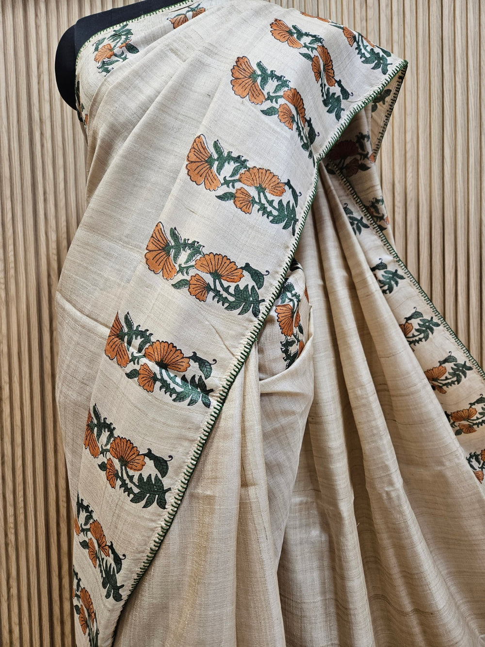 Beige Handloom Vidarbha Tussar Silk Saree With Printed Border Balaram Saha