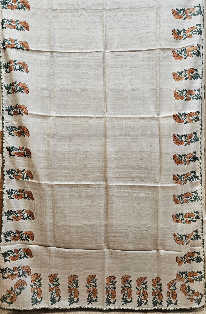 Beige Handloom Vidarbha Tussar Silk Saree With Printed Border Balaram Saha