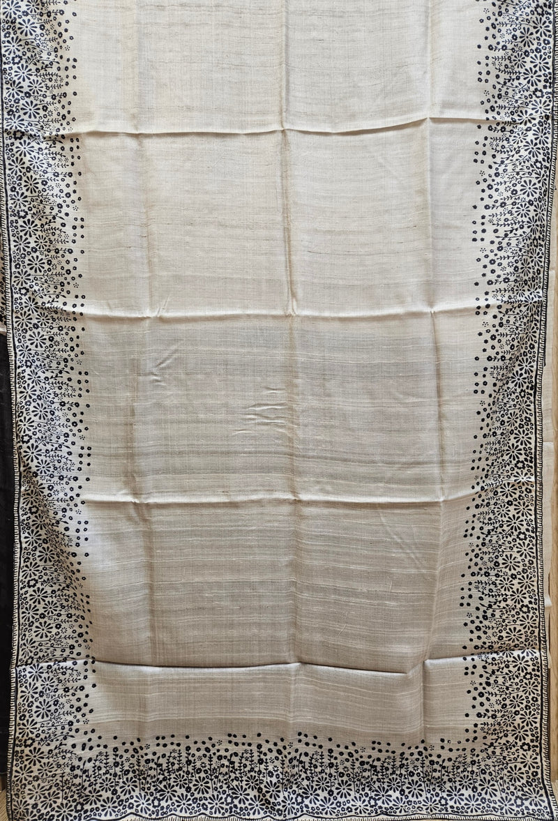 Beige & Black Tussar Silk Saree by Balaram Saha: Embrace Natural Beauty