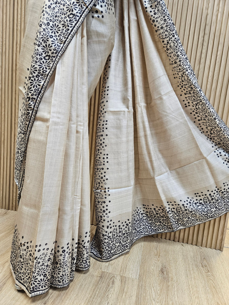 Beige & Black Tussar Silk Saree by Balaram Saha: Embrace Natural Beauty