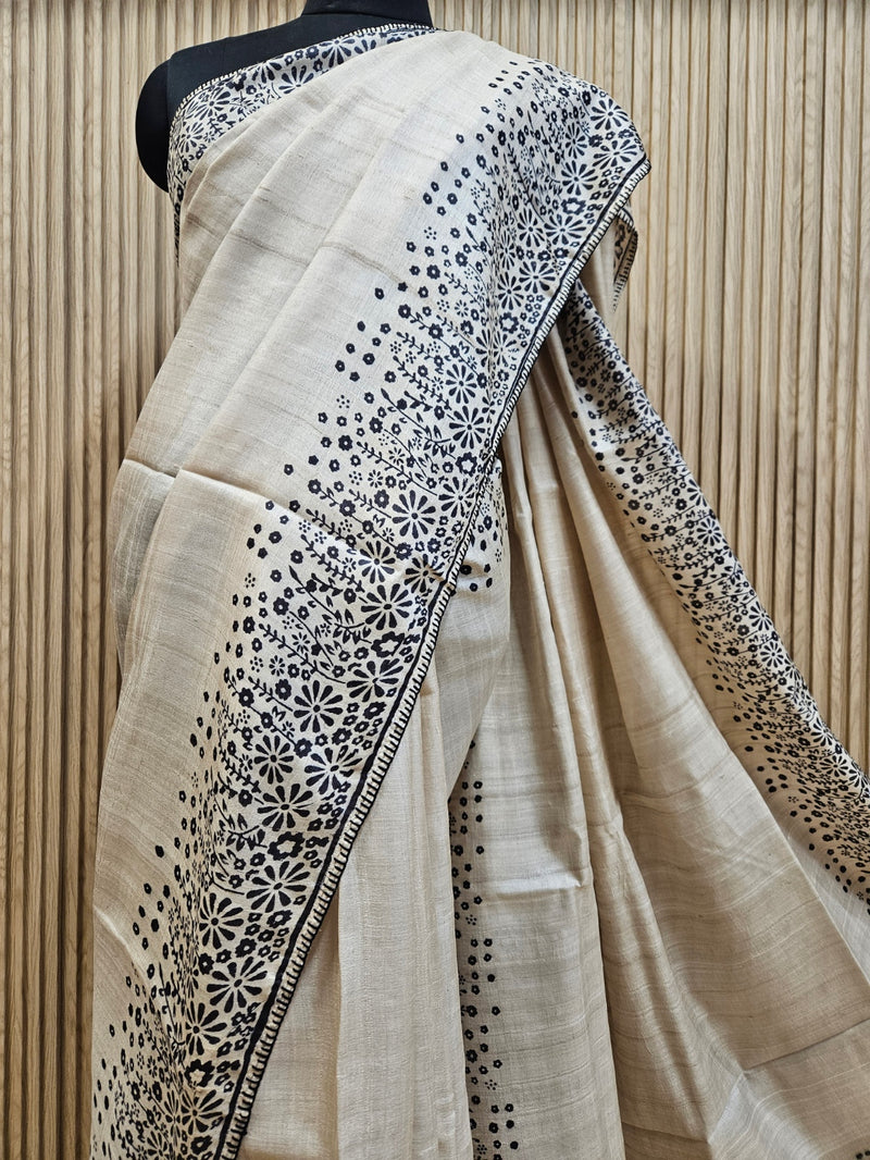 Beige & Black Tussar Silk Saree by Balaram Saha: Embrace Natural Beauty