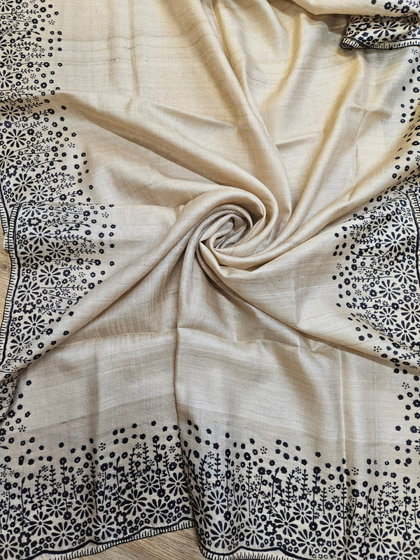 Beige & Black Tussar Silk Saree by Balaram Saha: Embrace Natural Beauty