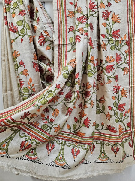 Handloom Tussar Silk with Exquisite Kantha Stitching by Balaram Saha - (handloom saree, silk saree, handloom silk saree, balaram saha online, silk sarees, silk handloom saree, bengal handloom sarees, pure silk, silk saree online, tussar silk saree, tussar silk)   https://edition.cnn.com/