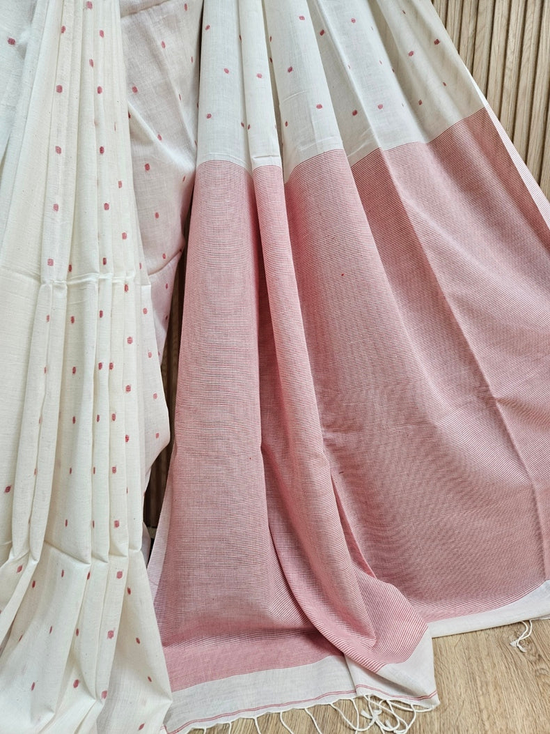 Off White & Red Handwoven Handspun Cotton Jamdani Saree Balaram Saha