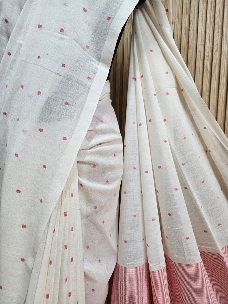 Off White & Red Handwoven Handspun Cotton Jamdani Saree Balaram Saha