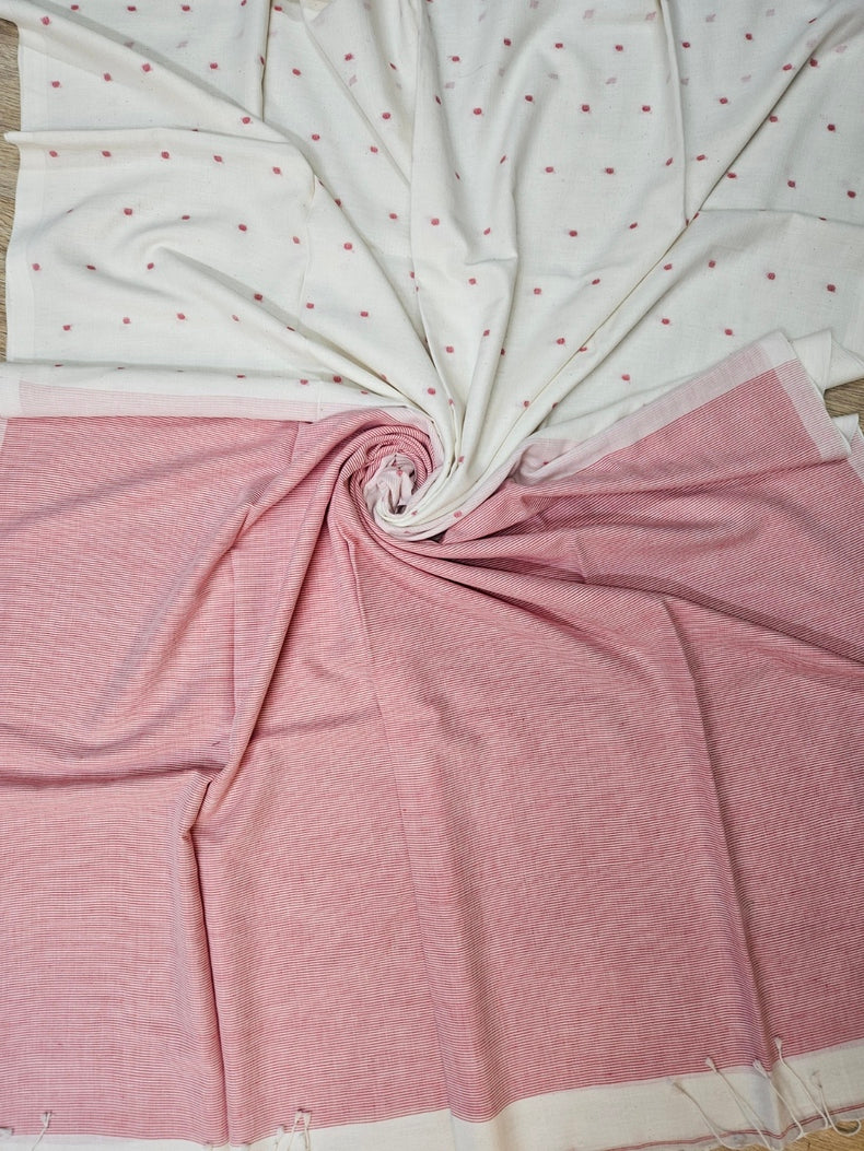 Off White & Red Handwoven Handspun Cotton Jamdani Saree Balaram Saha