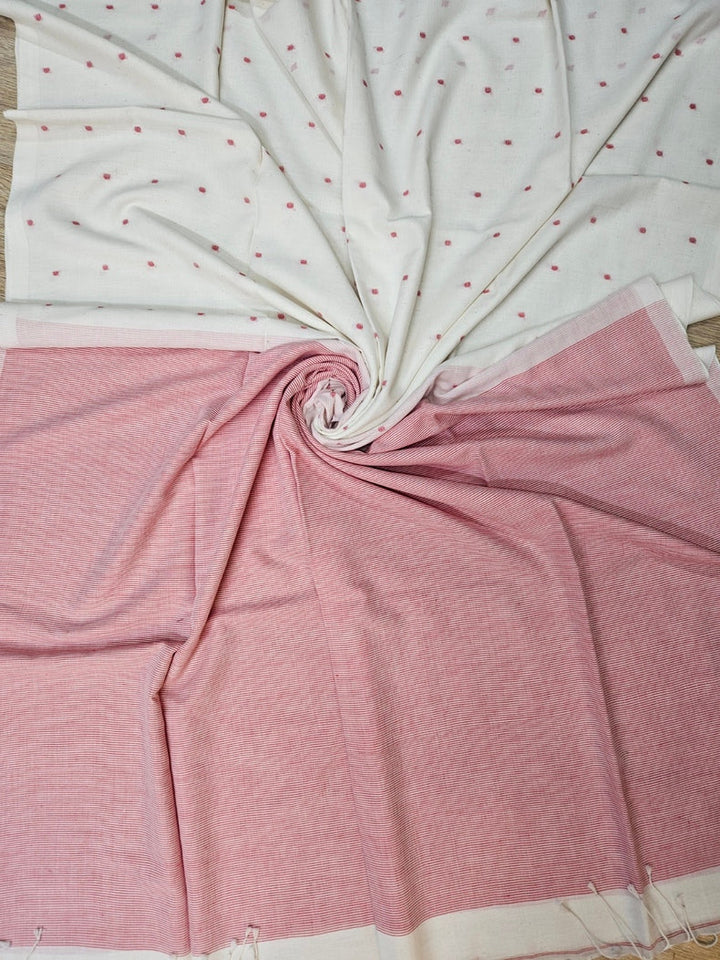 Off White & Red Handwoven Handspun Cotton Jamdani Saree Balaram Saha