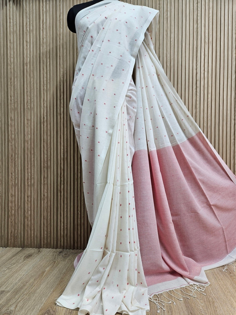 Off White & Red Handwoven Handspun Cotton Jamdani Saree Balaram Saha